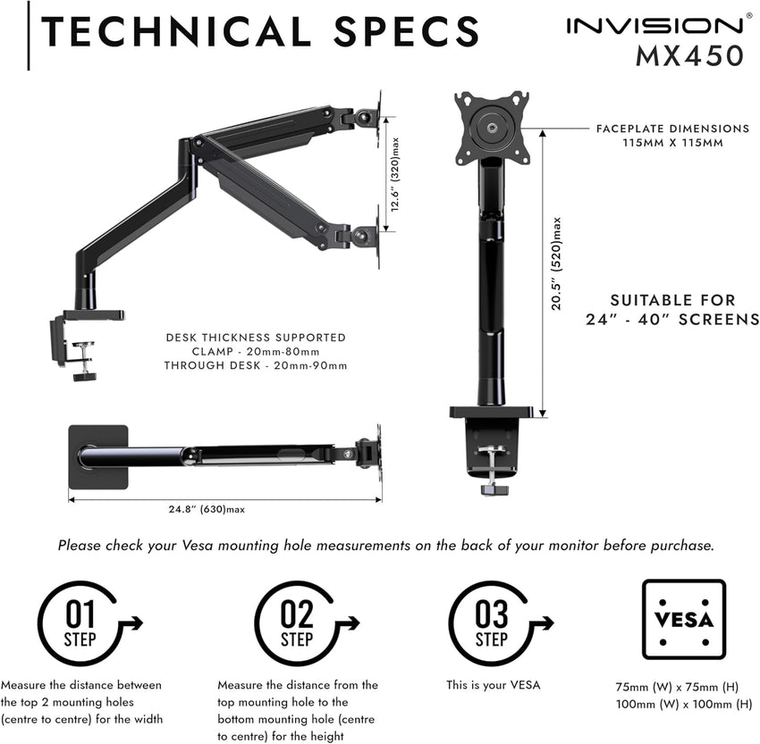 Invision Monitor Arm Bracket Mount READ DESC 24-40 Inch Screens VESA 75-100mm Ergonomic Height Adjustable Desktop Clamp Tilts Extends 2-15kg (MX450)
