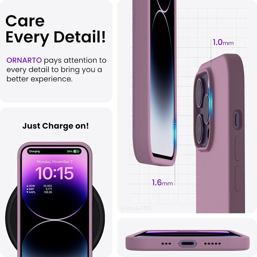 ORNARTO Compatible with iPhone 14 Pro Case 6.1", Slim Liquid Silicone 3 Layers Full Covered Soft Gel Rubber Case Cover 6.1 inch-Lilac Purple