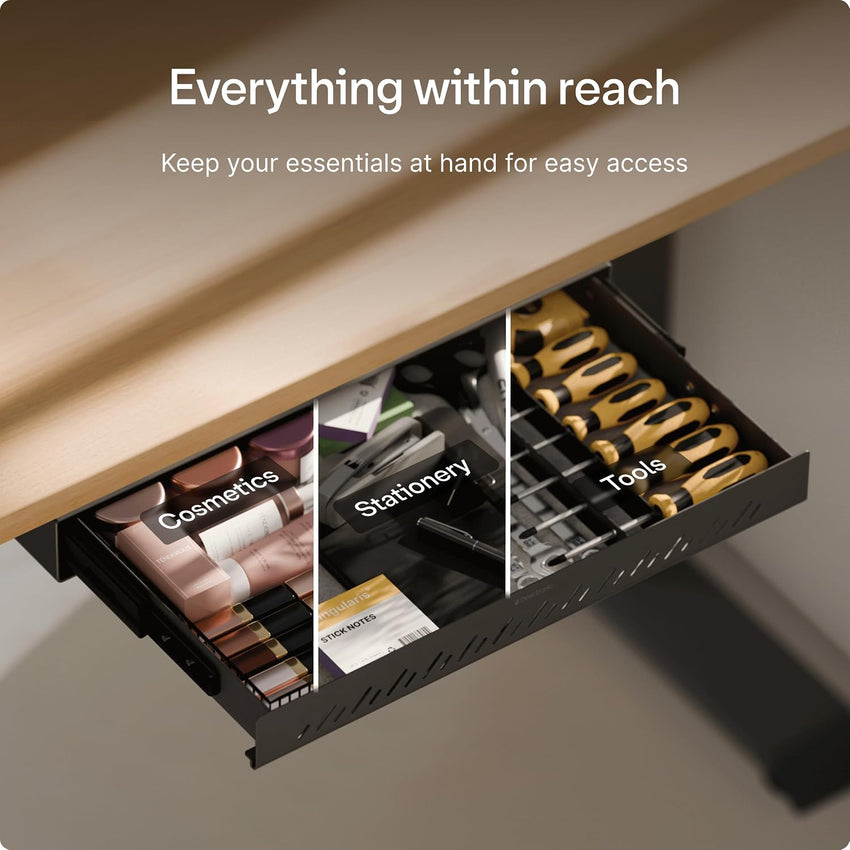 Desktronic Under Desk Drawer â Hidden Under-Desk Storage Organizer, Easy Install, Large Capacity Metal Sliding Drawer for Home Office, Standing Desk & Workstation (Black)