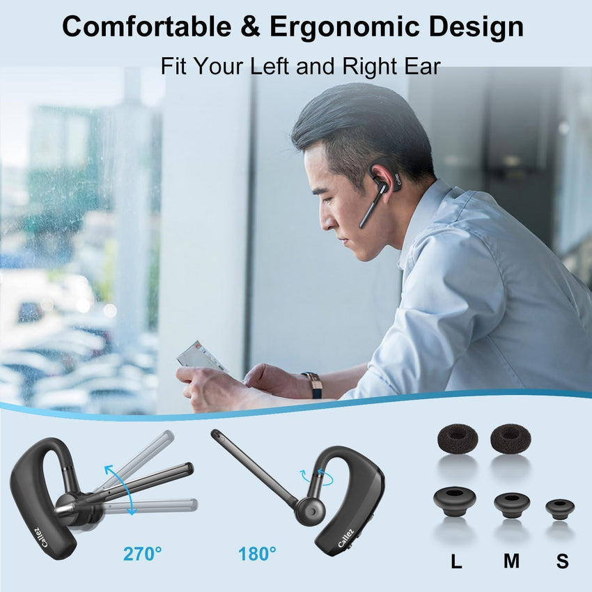 Callez Bluetooth Headset for iPhone Android Mobile Phone, Single Ear Bluetooth Earpiece V5.0 Handsfree with CVC8.0 Dual Mic ENC Noise Cancelling for Trucker Business Office Work