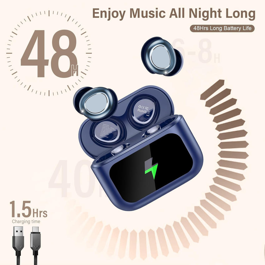 Bluetooth 5.4 Sleep Earbuds with Screen ENC Noise Cancelling Mic 5 EQ Modes HiFi Blue