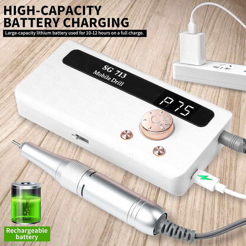 Professional Electric Nail Drill 45,000RPM Portable with 13 Bits 56 Bands LED Screen â White