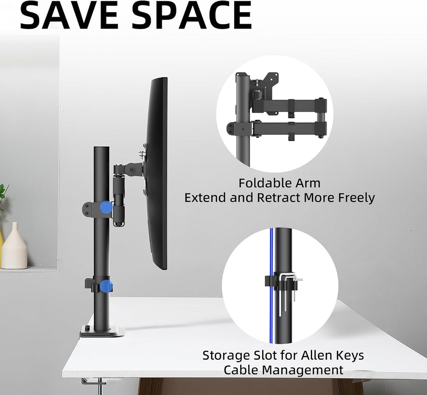 Single Monitor Arm Desk Mount, Max Load 10kg, Single Monitor Mount for 13-32 inch LCD LED Screens, Adjustable Single Desk Mount with Tilt Swivel Rotation, 2 Mouting Options, Vesa 75x75/100x100mm White