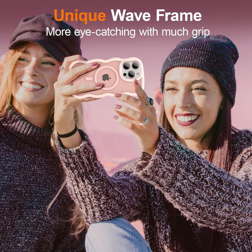 UEEBAI Magnetic for iPhone 15 Pro Case, Compatible with MagSafe, 2025 Transparent Wave Frame Design Case Soft Edge Cover Cute Clear Matte Shockproof Protective Phone Cover, Pink