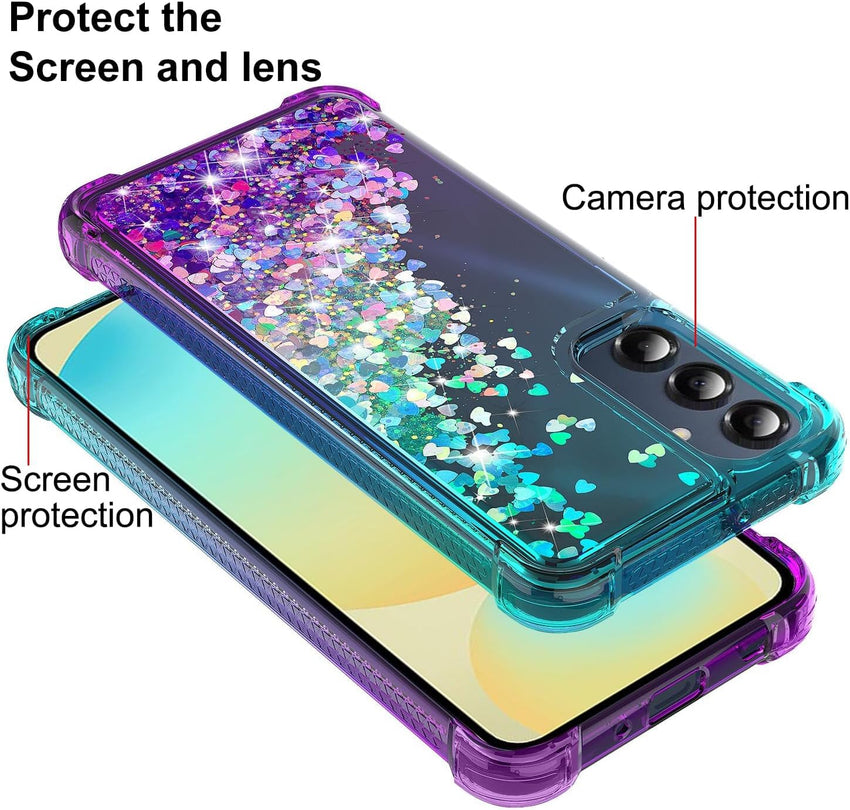 XRCS Compatible with for Samsung Galaxy A36 5G Case with Tempered Glass Screen Protector Glitter Bling Flowing Liquid Floating TPU Bumper Cushion Corners Protection Case - Purple