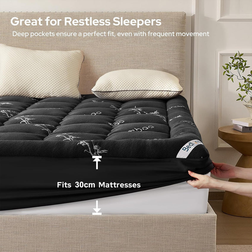 Single Mattress Topper Soft Quilted Thick Deep Pocket Back Pain Relief Grey