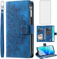 Asuwish Phone Case for OPPO A57 4G/A57S/A57E/A77 4G Wallet Cover With Tempered Glass Screen Protector and Wrist Strap Mandala Flower Leather Flip Zipper Credit Card Holder Stand Cell Women Blue