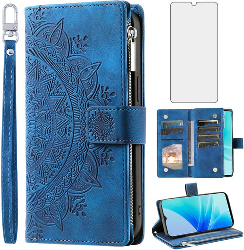 Asuwish Phone Case for OPPO A57 4G/A57S/A57E/A77 4G Wallet Cover With Tempered Glass Screen Protector and Wrist Strap Mandala Flower Leather Flip Zipper Credit Card Holder Stand Cell Women Blue