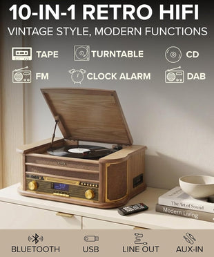 Denver 9-in-1 Retro Vintage DAB Bluetooth Wooden Radio Record Player With Speakers - DAB+ Radio, FM, Record Player, Cassette & CD Player, AUX IN, MP3 USB Recording, AUX IN And Line Out - MRD-51BT