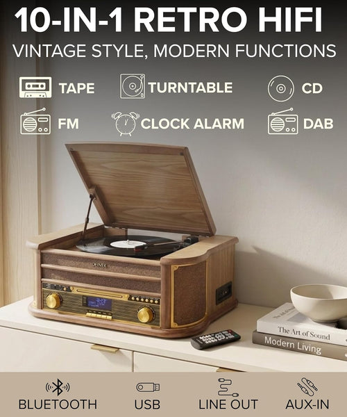 Denver 9-in-1 Retro Vintage DAB Bluetooth Wooden Radio Record Player With Speakers - DAB+ Radio, FM, Record Player, Cassette & CD Player, AUX IN, MP3 USB Recording, AUX IN And Line Out - MRD-51BT