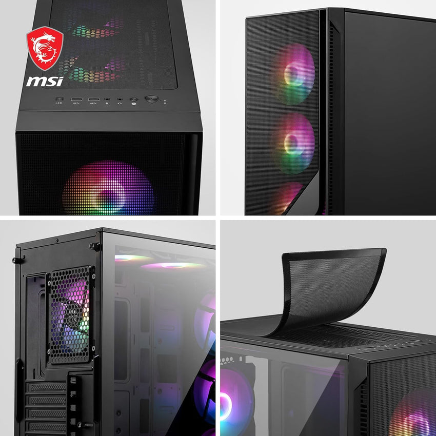 MSI Forge 120A Airflow mag cabinet with RGB window, Midi-Tower, ATX/Micro-ATX/Mini-ITX, USB 3.2, no source, 6 RGB fans installed, Black