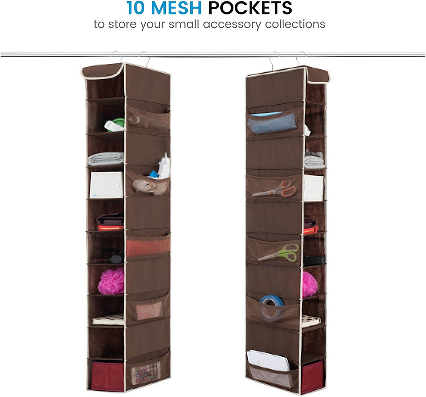 Premium 10-Shelf Hanging Shoe Storage Organiser With Side Mesh Pockets- Superior Tear Proof Fabric, Hanging Shoe Shelves With 2 Hooks- Collapsible Wardrobe Storage Closet Organiser for Shoes & Clothes