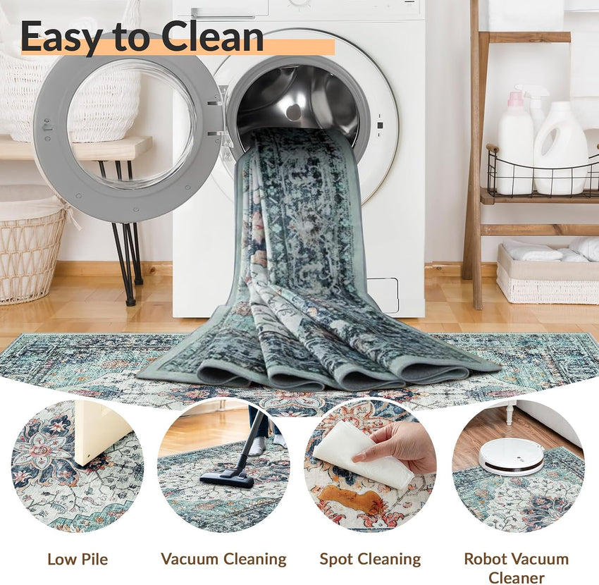 Machine Washable Low Pile Area Rug 120 x 180cm Vintage Print Anti-Slip Indoor Blue/Teal/Navy/Red