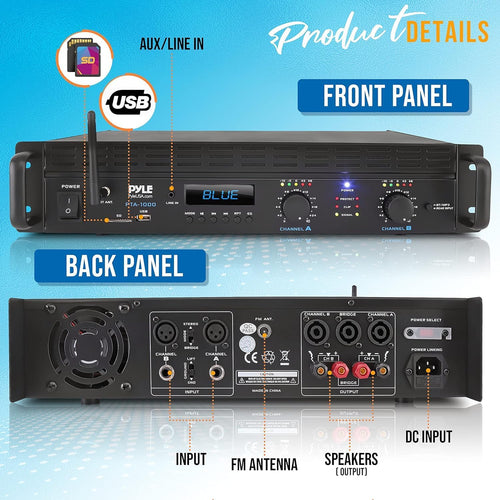 Pyle Bluetooth Stereo Amplifier - 2000W Home Audio Receiver with XLR/TRS Inputs, Rack Mount, Cooling Fans - Surround Sound Amp for Home Theatre, DJ, Studio, AV Systems