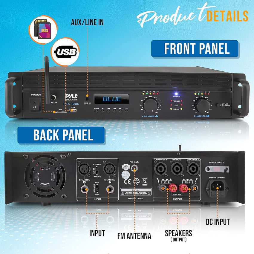 Pyle Bluetooth Stereo Amplifier - 2000W Home Audio Receiver with XLR/TRS Inputs, Rack Mount, Cooling Fans - Surround Sound Amp for Home Theatre, DJ, Studio, AV Systems