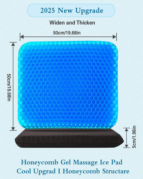 Rewoalzx 2025 Upgraded Cooling Gel Seat Cushion 50x50x5cm - Extra Thick Honeycomb Blue Cushion for Back Pain Relief, Breathable & Machine Washable - Office, Car, Wheelchair
