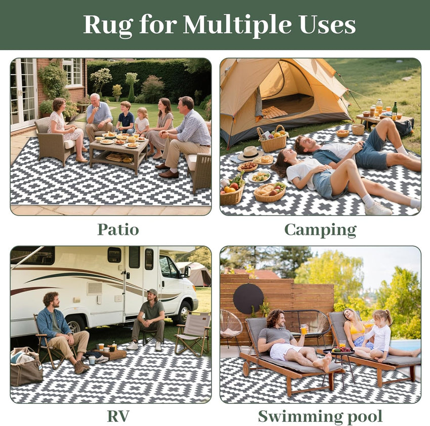 Reversible Geometric Outdoor Rug Waterproof Anti-slip UV Resistant Easy Clean â 270x360cm Grey/White