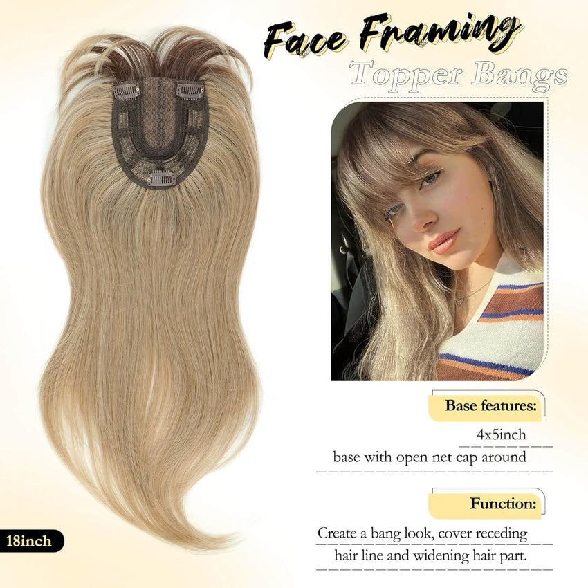Peonymebeauty 4"X5" Base Clip in Fringe Hair Topper, 360Â°Cover Fake Bangs Hair Toppers for Women 18 Inch Natural Straight Hairpieces Add Volume Fiber Wiglets Ladies(Ombre Brown Blonde)
