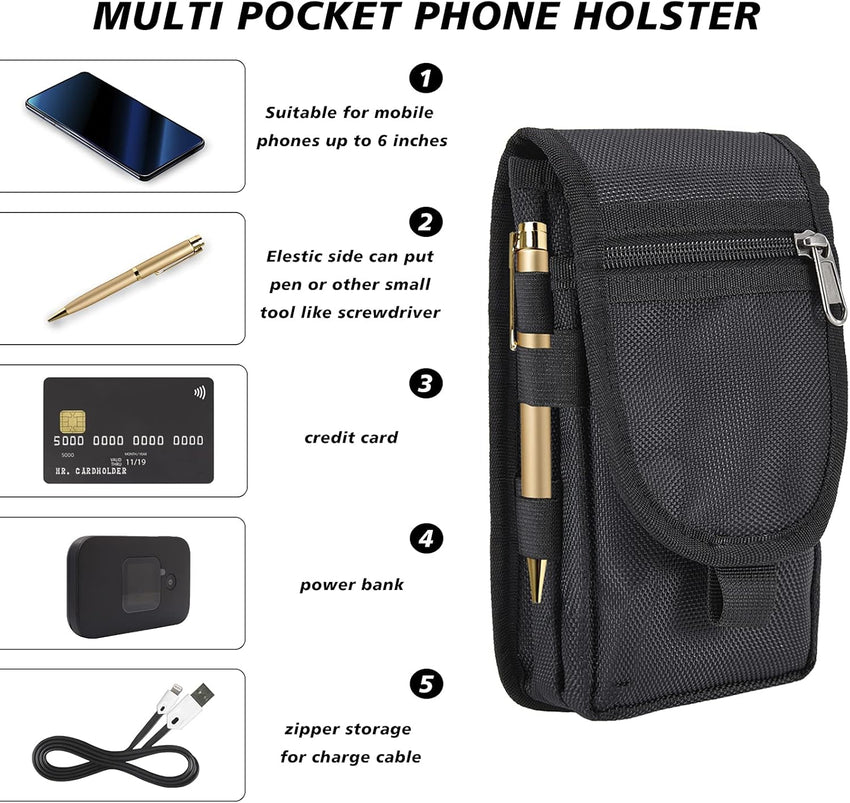 Tool Belt Pouch with Carabiner, Multipurpose Phone Case - Tactical Waist Bag with Phone Holster for Iphone 13 Pro Max, EDC Pouch for Traveling, Camping