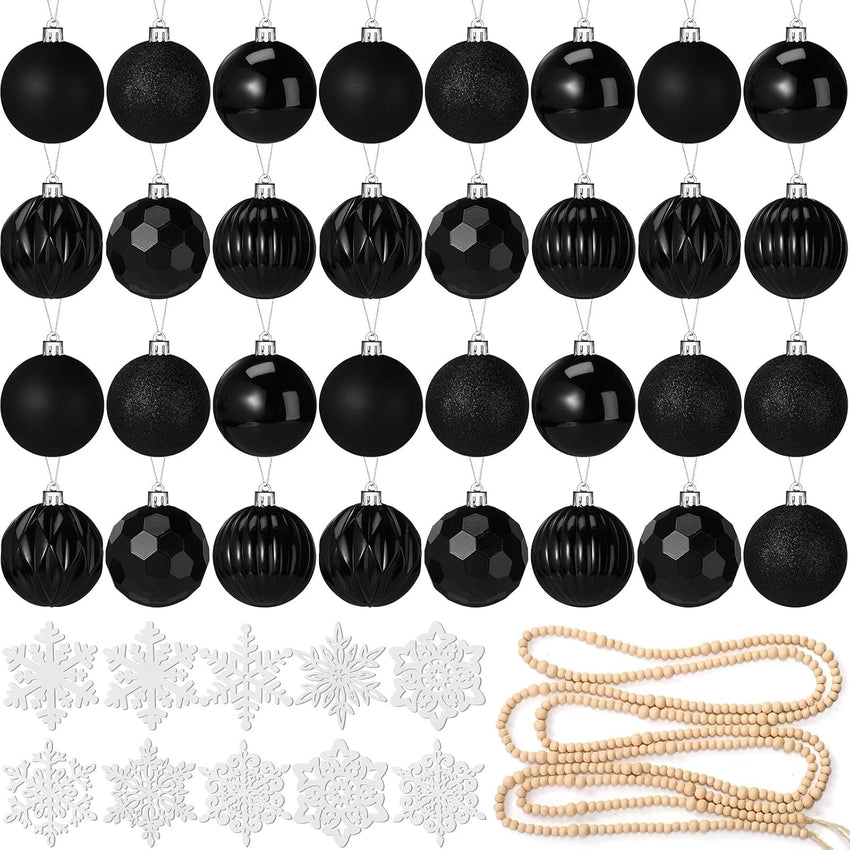 Aoriher 45 Pcs Christmas Tree Ornament Set,34pcs Christmas Ball Ornaments with Xmas Wooden Bead Garland Snowflake Ornaments for Xmas Tree Holiday Wedding Party Wreath Home Decoration(Black)