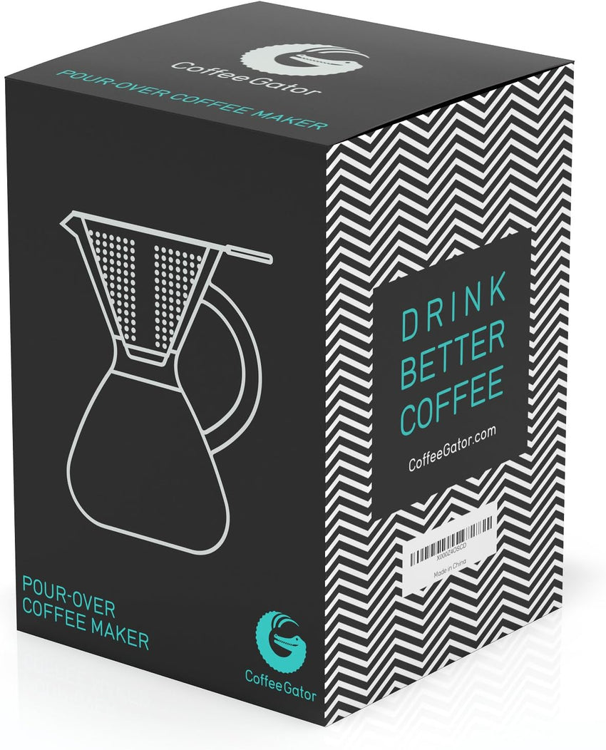 Coffee Gator Pour Over Coffee Maker Stainless Steel Filter & Glass Dripper - Paperless Hand-Drip Brewer - Eco Friendly - Kitchen & Housewarming Gifts - 800ml