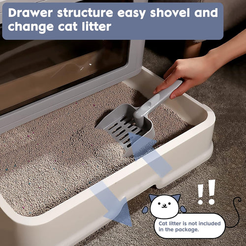 Foldable Cat Litter Box with Lid & Top Exit, Storage Drawer & Fur Brush, Easy Clean, Large Capacity (Grey)