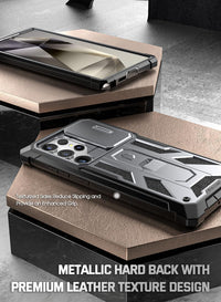 Poetic Spartan Case Compatible with Galaxy S24 Ultra 5G 6.8", [Slide Camera Cover] [Screen Protector Works with Fingerprint ID] Military Grade Rugged Shockproof Case with Kickstand, Metallic Gun Metal