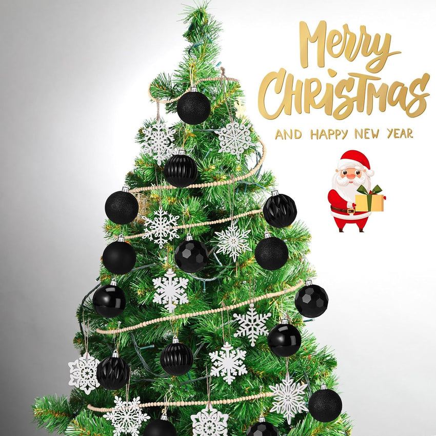 Aoriher 45 Pcs Christmas Tree Ornament Set,34pcs Christmas Ball Ornaments with Xmas Wooden Bead Garland Snowflake Ornaments for Xmas Tree Holiday Wedding Party Wreath Home Decoration(Black)