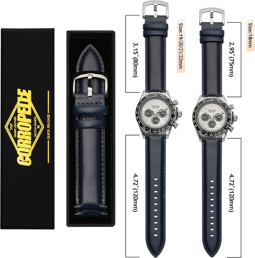 Leather Watch Strap Quick Release Top Grain Replacement for Men & Women 18/19mm
