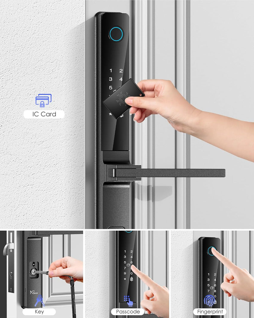 NGTeco Smart Door Lock with Handles, Fingerprint Keyless Security Entry Door Lock, Passcode, IC Card, Fingerprint, Key, WiFi Smart Lock for Narrow-Frame Doors, APP Control, Easy Installation