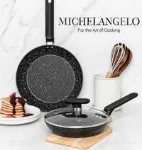 MICHELANGELO 20cm Small Frying Pan with Lid, Non Stick Frying Pan with Lid 20cm, Egg Frying Pan with Nonstick Stone Coating, Healthy & Non-Toxic Granite Frying Pan, Black