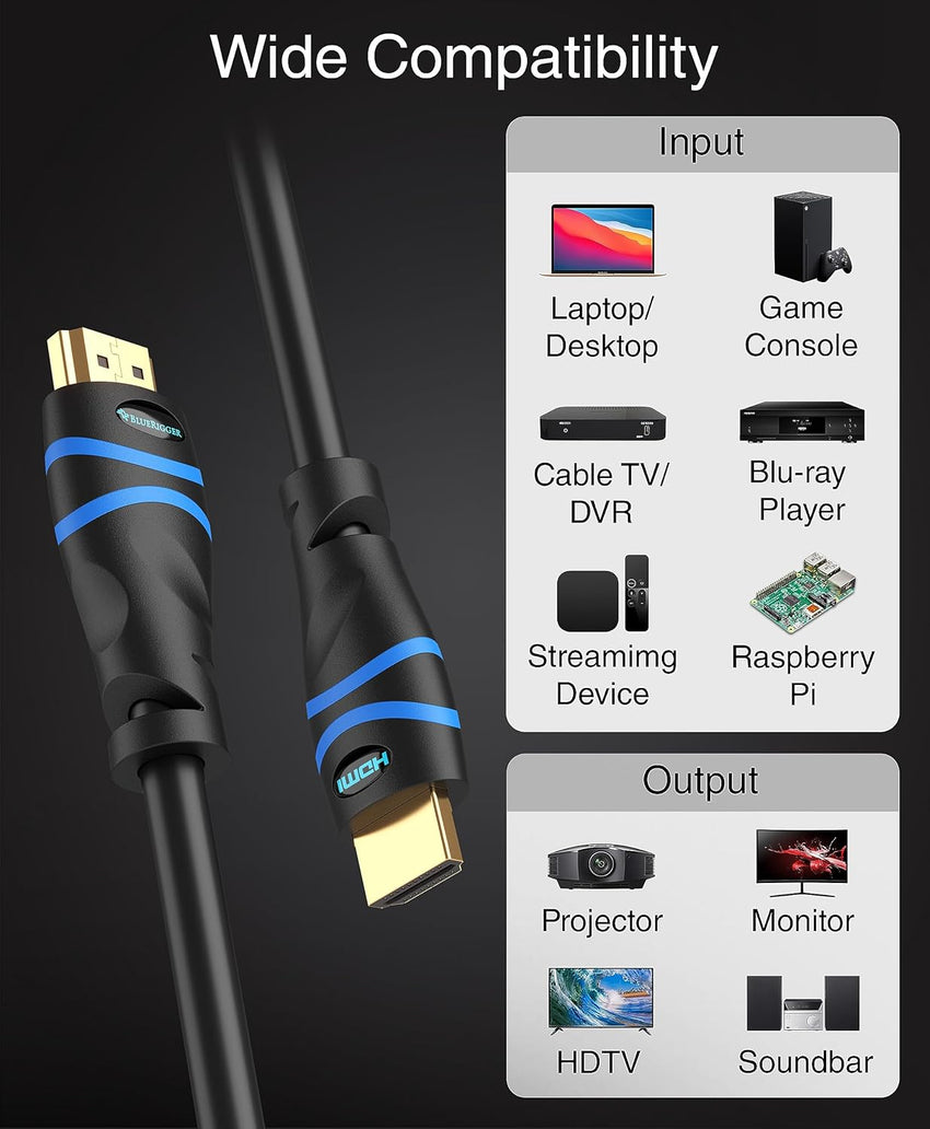BlueRigger 8K HDMI Cable (1M, 8K 60Hz HDR, 4K 120Hz, High Speed 48Gbps with Ethernet, eARC, 3D, HDCP 2.3) - Compatible with PS5, Xbox, Roku, Apple TV, Switch, PC