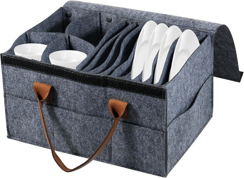 Caravan Felt Plate Holder Storage Bag 8 Plate + 4 Bowl Compartments Dustproof with Lid