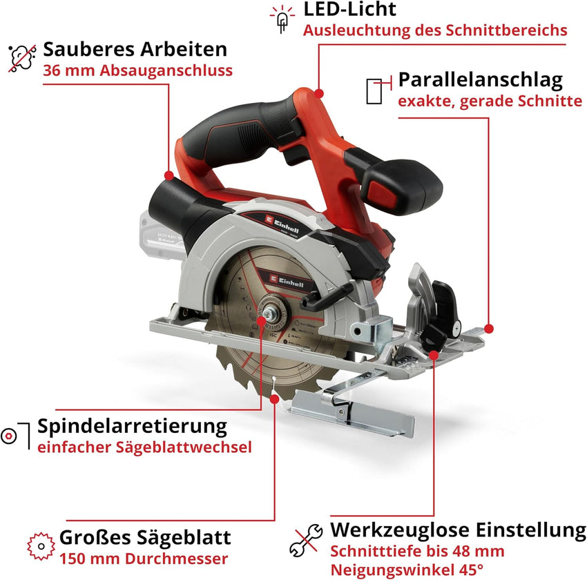 Einhell Cordless Circular Saw 18V Power X-Change 150mm Tool-Free LED Dust Extraction Body Only, no battery included