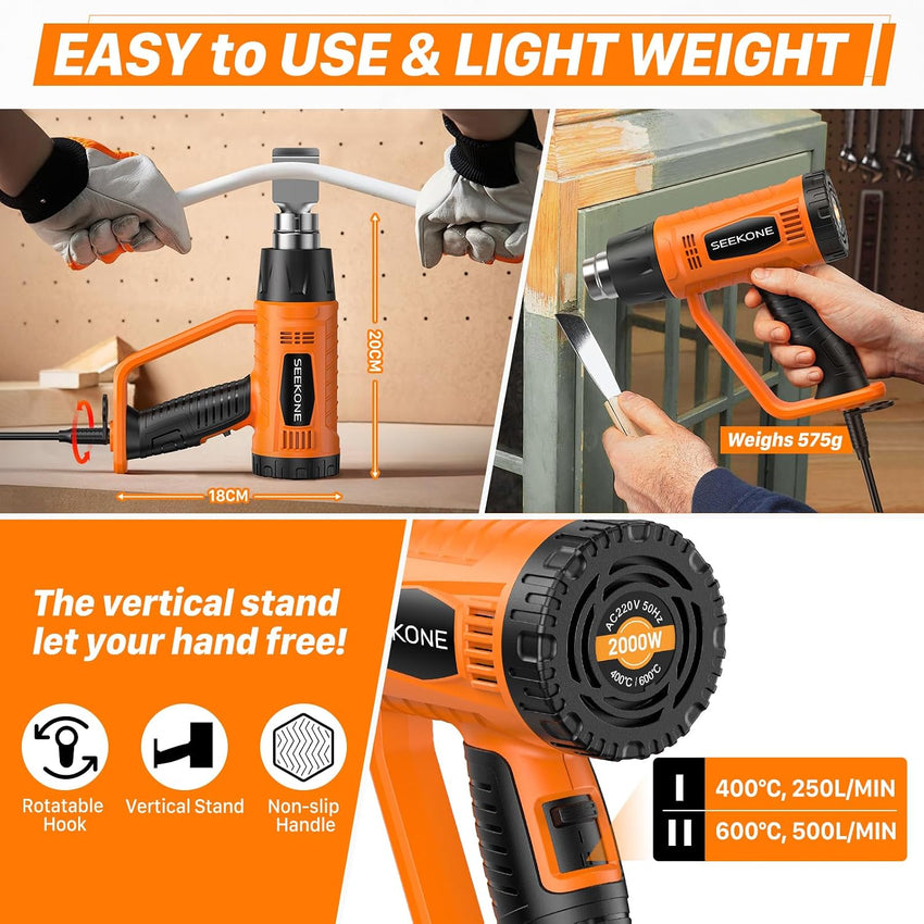 Heat Gun, SEEKONE 2000W Professional Heavy Duty Hot Air Gun Kit 400â & 600â Dual-Temperature Settings with Flame Retardant Protective Cover, 4 Nozzles for Crafts, Shrinking PVC, Stripping Paint
