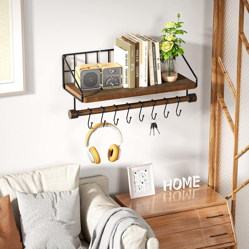 Alsonerbay Floating Shelves Wood Kitchen Shelves Wall Mounted,Rustic Storage with 8 Removable Hooks Small Floating Shelf with black Metal and dark brown Wood for Kitchen Bathroom Bar