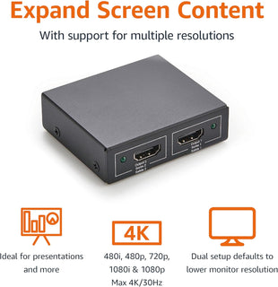 Amazon Basics HDMI Splitter 1 In 2 Out, 4K @ 30 Hz for Dual Monitors, PC, Laptops, DVD players, Xbox, Roku, Chromecast, with 1m USB USB-A to DC power cable, Mirror Only, Black