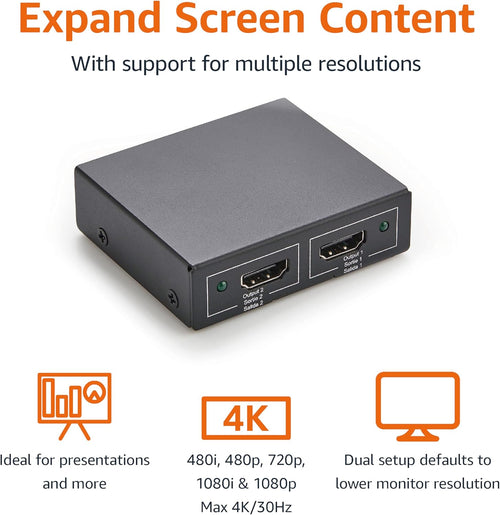 Amazon Basics HDMI Splitter 1 In 2 Out, 4K @ 30 Hz for Dual Monitors, PC, Laptops, DVD players, Xbox, Roku, Chromecast, with 1m USB USB-A to DC power cable, Mirror Only, Black