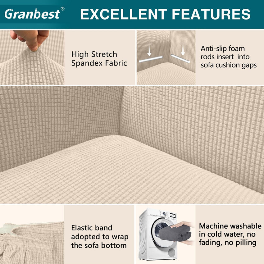 Granbest High Stretch Sofa Covers 3 Seater Super Soft Stylish Couch Covers for Dogs Pets Cats Jacquard Spandex Non Slip Sofa Slipcover for Living Room Furniture Protector (3 Seater, Beige)