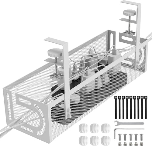 Under Desk Cable Management Tray, 15.4'' No Drill Cable Management Mesh Wire Organizer Side Opening Design for Home, Office, Internet Cafe, Kitchen, White