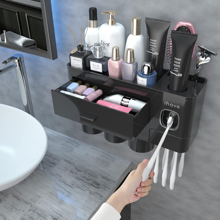 iHave Toothbrush Holders for Bathroom Storage, 3 Cups Toothbrush Holder Wall Mounted with Automatic Toothpaste Dispenser, Large Capacity Tooth Brush Holder Bathroom Accessories Set