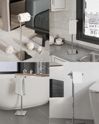 WZRUA Toilet Roll Holder Free Standing, Chrome SUS304 Stainless Steel Toilet Roll Holder Stand, Double Pivoting Post Freestanding Toilet Roll Holder Rust-Proof