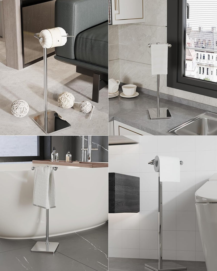 WZRUA Toilet Roll Holder Free Standing, Chrome SUS304 Stainless Steel Toilet Roll Holder Stand, Double Pivoting Post Freestanding Toilet Roll Holder Rust-Proof