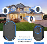 Wireless Doorbell with 2 Receivers, IP67 Waterproof Door Chime Kit Operating at The Range of 300m, 2 Plug-in Door Bell Receivers with 39 Ringtones, LED Light & 5-Level Volume Control, Black