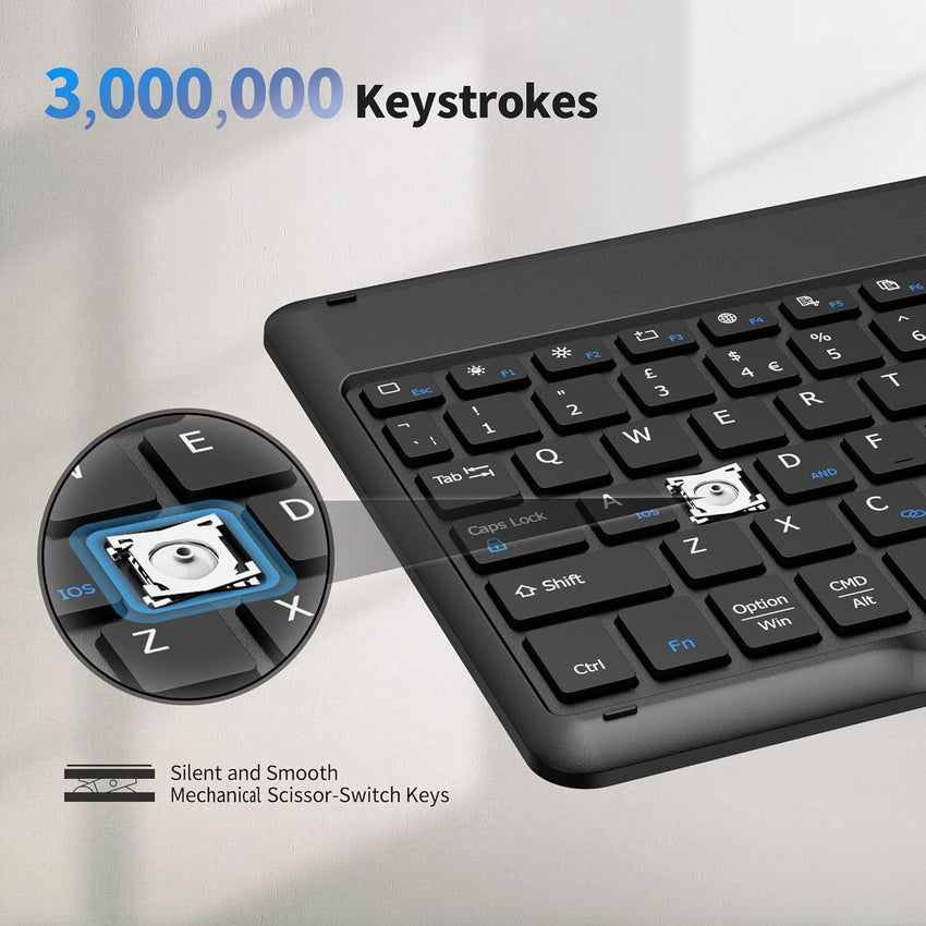 EasyAcc Bluetooth Keyboard, Ultra-Slim Wireless Keyboard UK Layout Quiet Portable Design with Built-in Rechargeable Battery for iOS, Mac, iPad, Windows and Android, Black