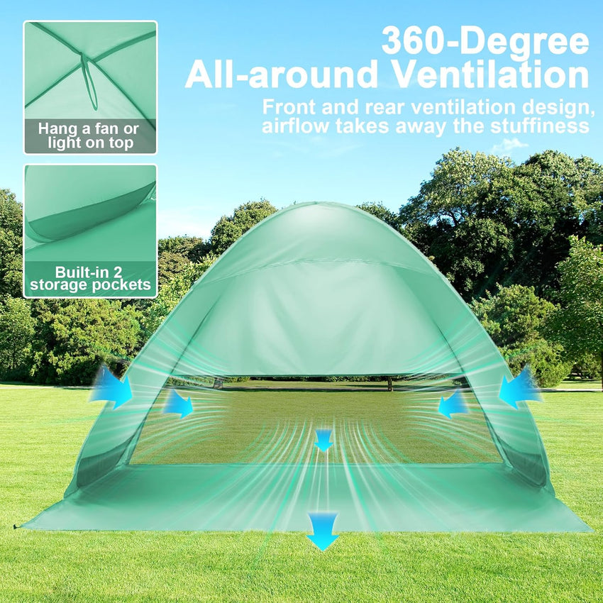 NHOWIN Pop Up Beach Tent for 2-3 Persons, 2025 Upgraded Windproof Pop Up Tent with 4 Wind Ropes & 8 Nails, 50+ UV Sun Protection Beach Shelter Portable & Easy Set Up Sun Shade for Park Garden Picnic