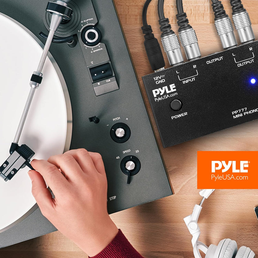 Pyle Output PP777 Phono Turntable Preamp Mini Electronic Audio Stereo Phonograph Preamplifier Input, RCA Output & Low Noise Operation Powered by 12 Volt DC Adapter