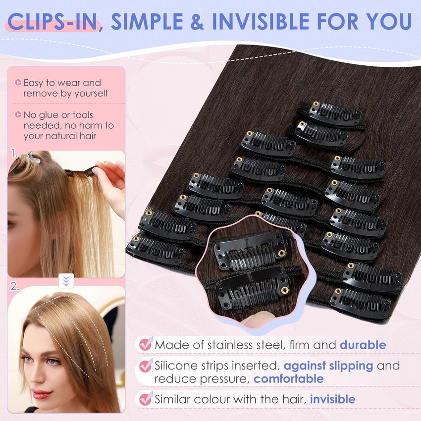 Clip-in Human Hair Extensions 8 Piece Remy Straight 16in 65g Full Head #2 Dark Brown