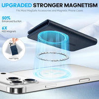 SHIELDON Magnetic Card Holder, Genuine Leather, RFID Blocking, 6 Card Slots, ID Window, Slim Pocket Wallet Compatible with iPhone 16/15/14/13/12 & Magnetic Cases - Navy Blue