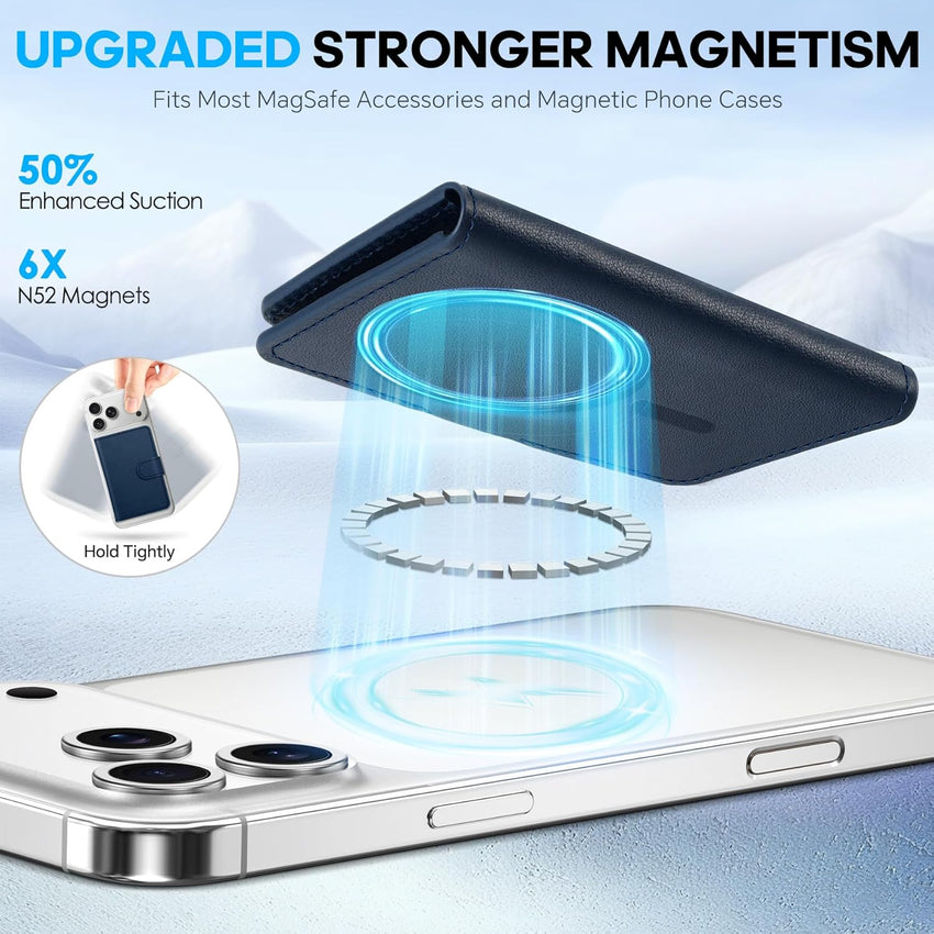 SHIELDON Magnetic Card Holder, Genuine Leather, RFID Blocking, 6 Card Slots, ID Window, Slim Pocket Wallet Compatible with iPhone 16/15/14/13/12 & Magnetic Cases - Navy Blue